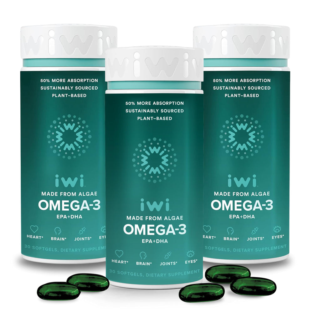 Iwi Omega-3 softgels bottle for daily heart and brain support.