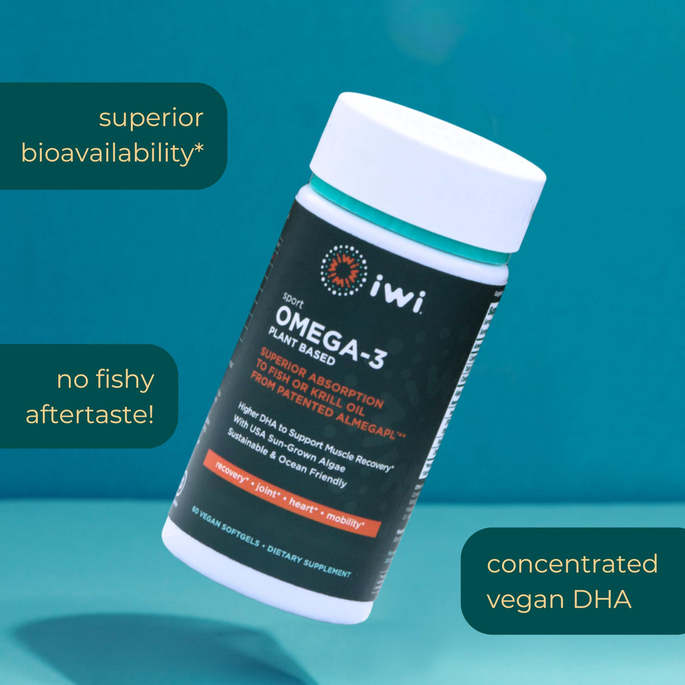 Iwi Omega-3 Sport nutrition label close-up indicating DHA-rich composition.