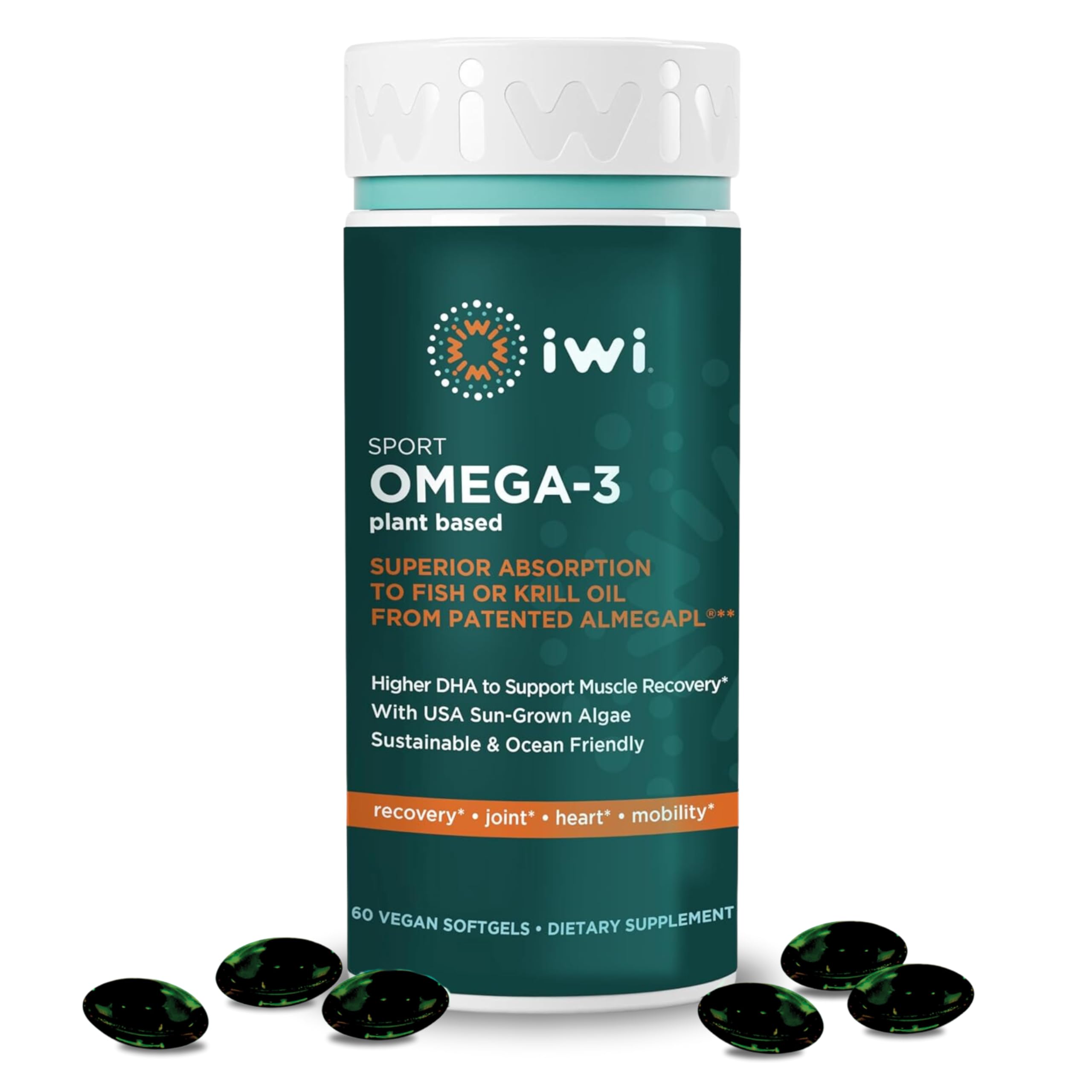 Iwi Omega-3 Sport bottle front view showing vegan algae DHA softgels for daily wellness.