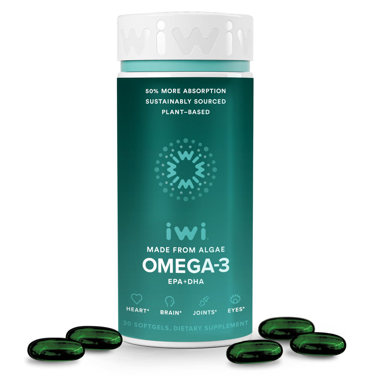 Iwi Omega-3 bottle front shows vegan algae-based EPA and DHA for support.
