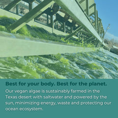 Iwi Omega-3 sustainability image notes non-arable land and zero water.