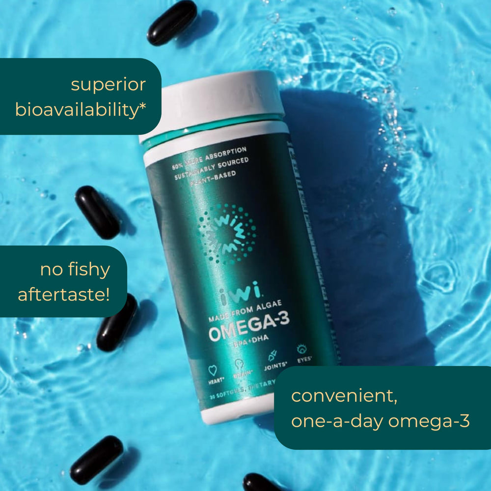 Iwi Omega-3 softgels close-up showing small, easy-to-swallow capsules.