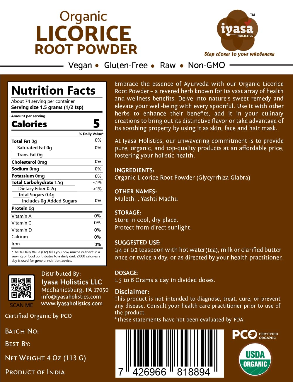 Iyasa Holistics licorice root powder jar with resealable lid for easy dosing