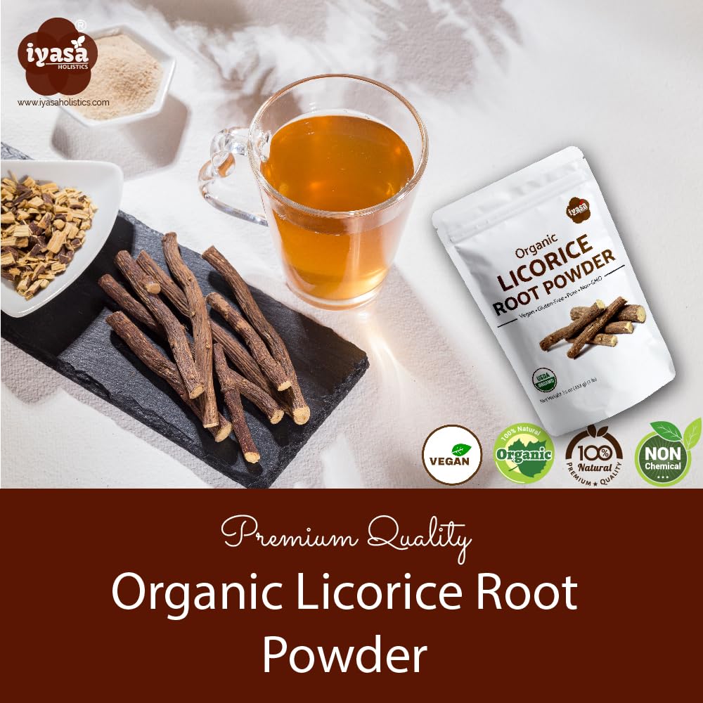Iyasa Holistics licorice root powder stirred into tea for flavoring