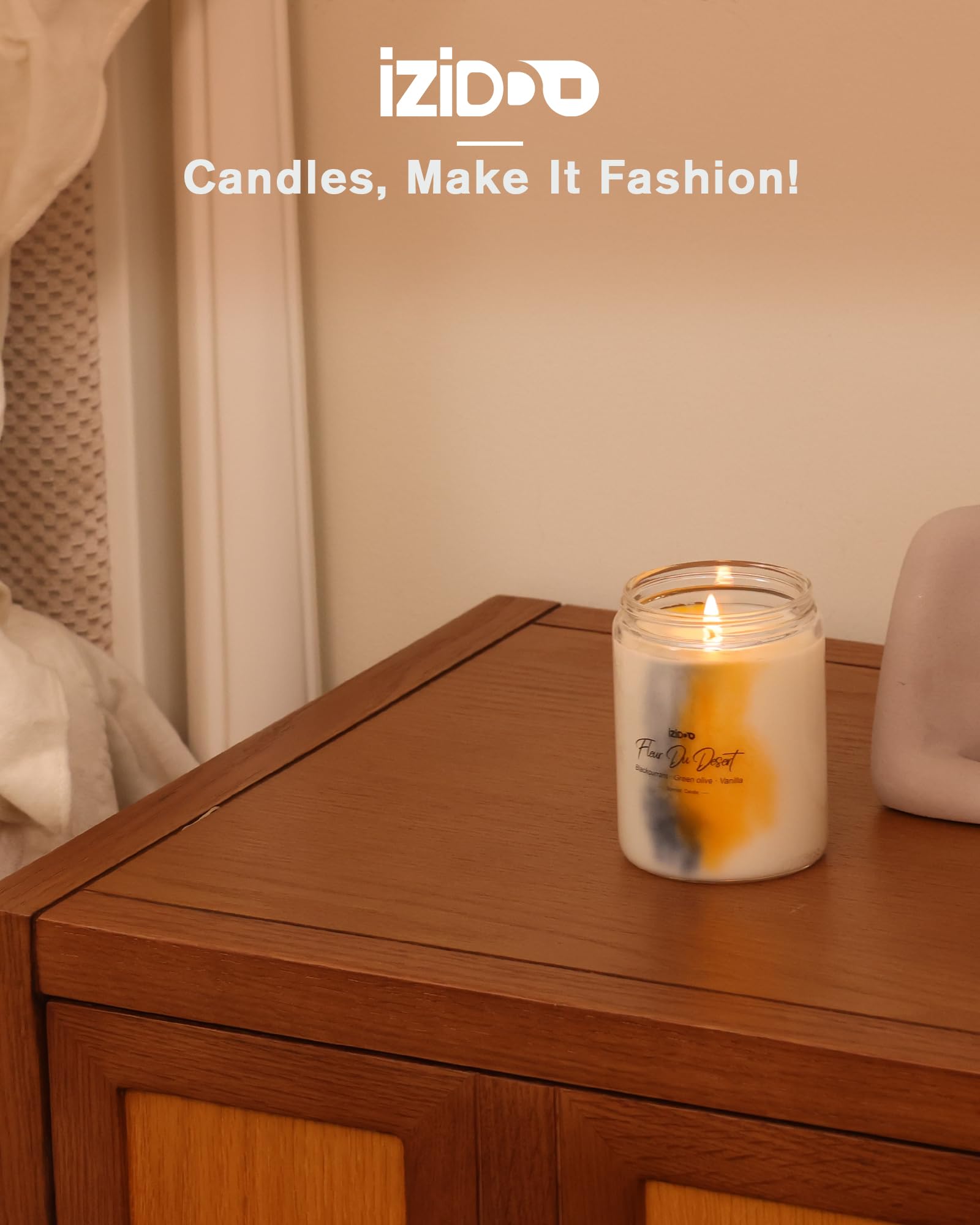 IZIDDO vanilla and incense base notes in a lit candle