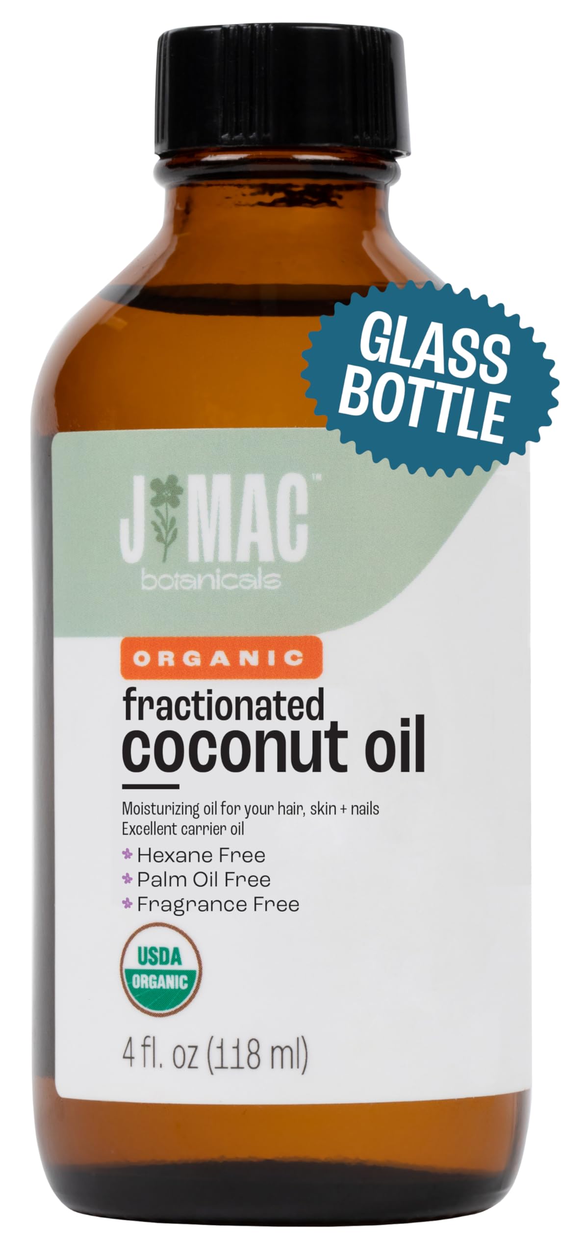J MAC BOTANICALS Organic Fractionated Coconut Oil bottle front view, a versatile carrier oil for massage and skincare.