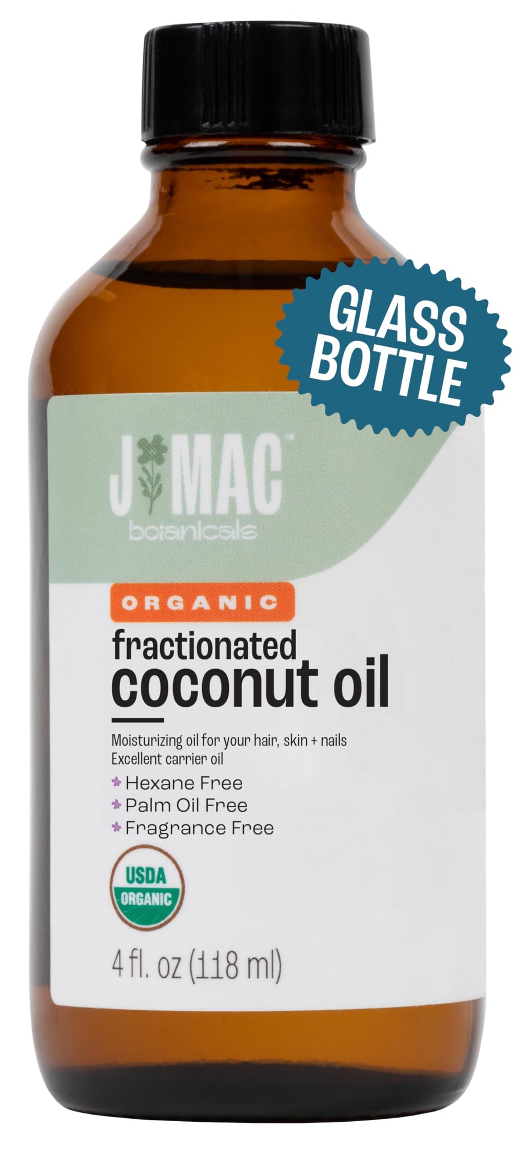 J MAC BOTANICALS Organic Fractionated Coconut Oil bottle front view, a versatile carrier oil for massage and skincare.