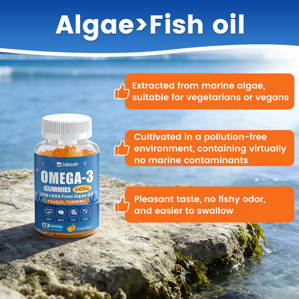 Jabsah vegan omega-3 gummies closeup texture shows chewy orange flavor.