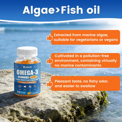 Jabsah vegan omega-3 gummies closeup texture shows chewy orange flavor.