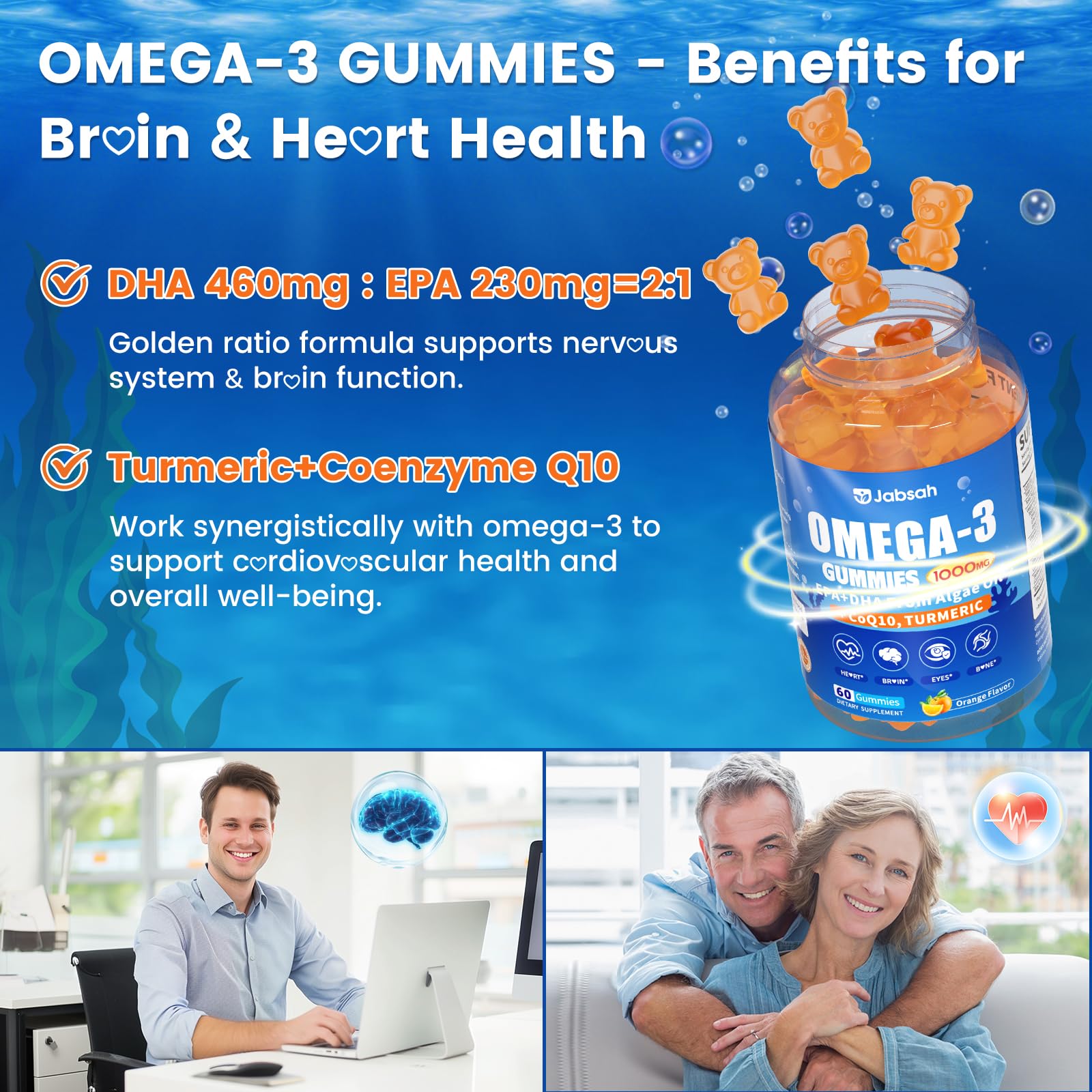 Jabsah vegan omega-3 gummies daily-use packaging highlights convenience.