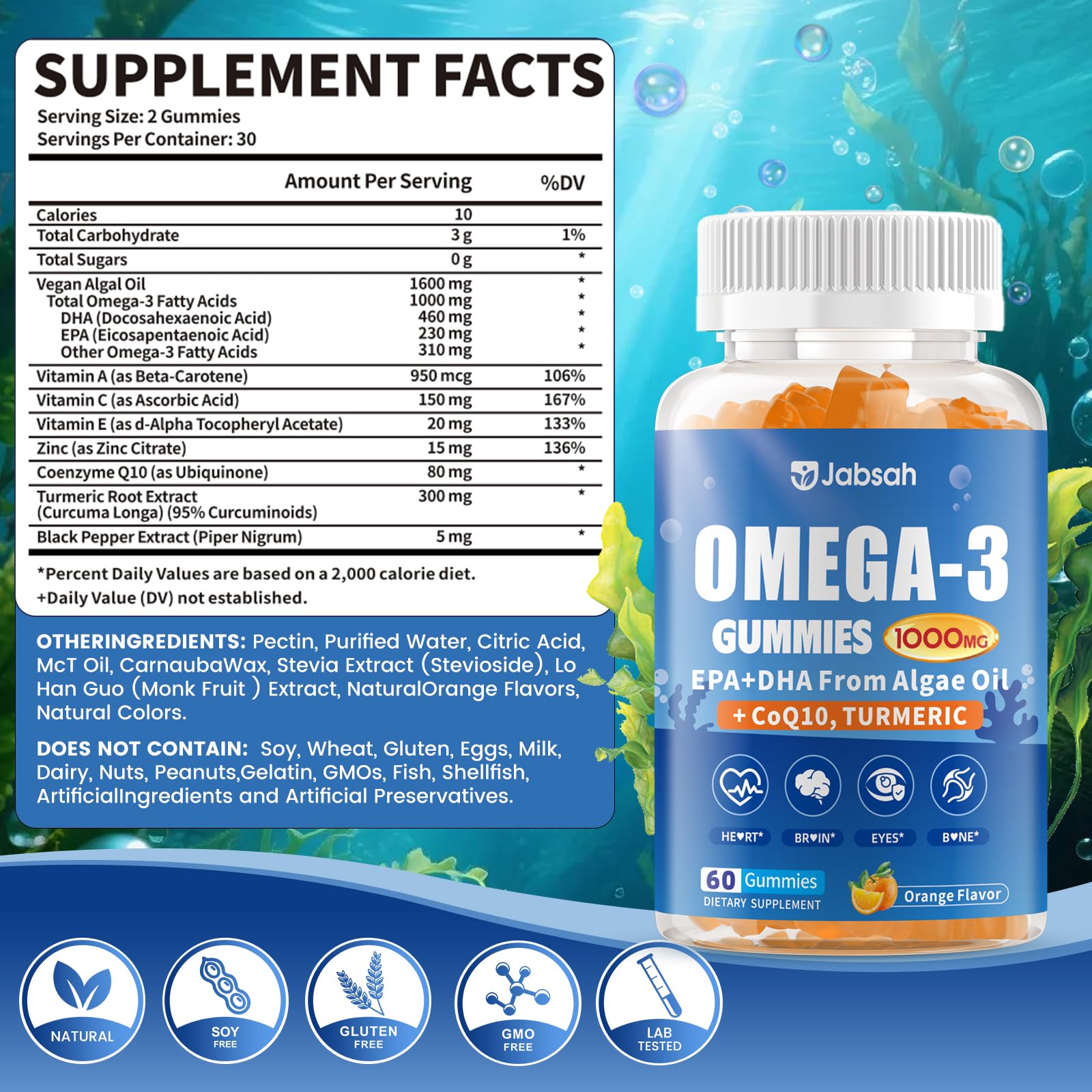 Jabsah omega-3 gummies packaging features turmeric and CoQ10 for daily vitality.