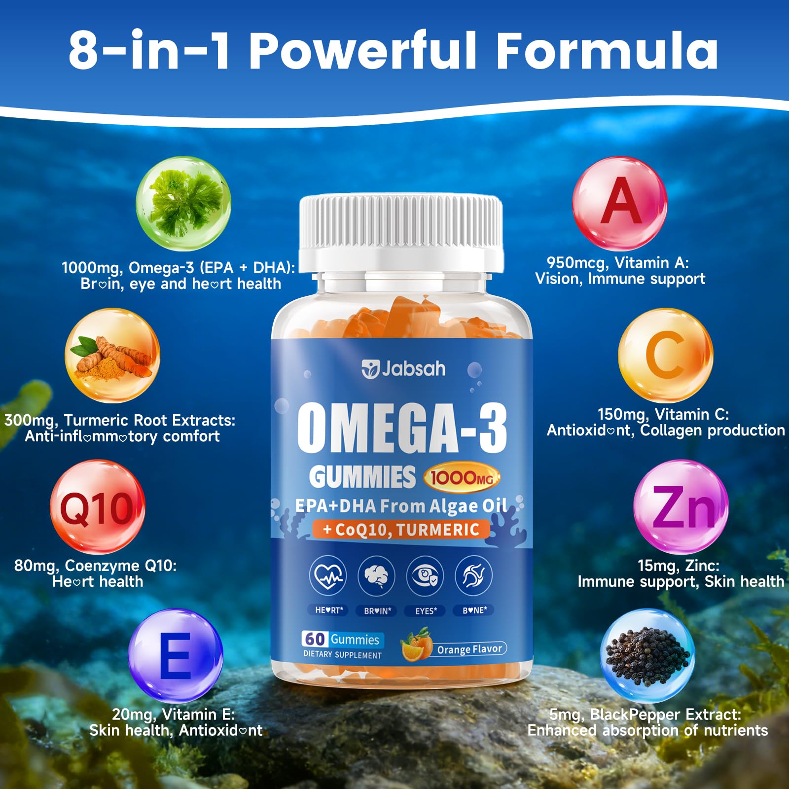 Jabsah vegan omega-3 gummies bright orange color on bottle.