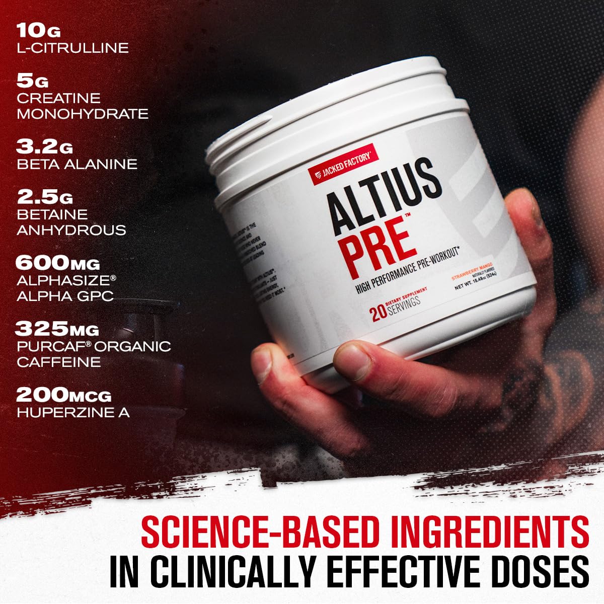 Close-up of Altius label highlighting ingredients and transparent dosing