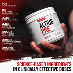 Close-up of Altius label highlighting ingredients and transparent dosing