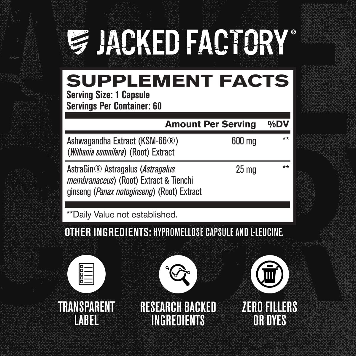 Jacked Factory KSM-66 root extract on label emphasizing potency.