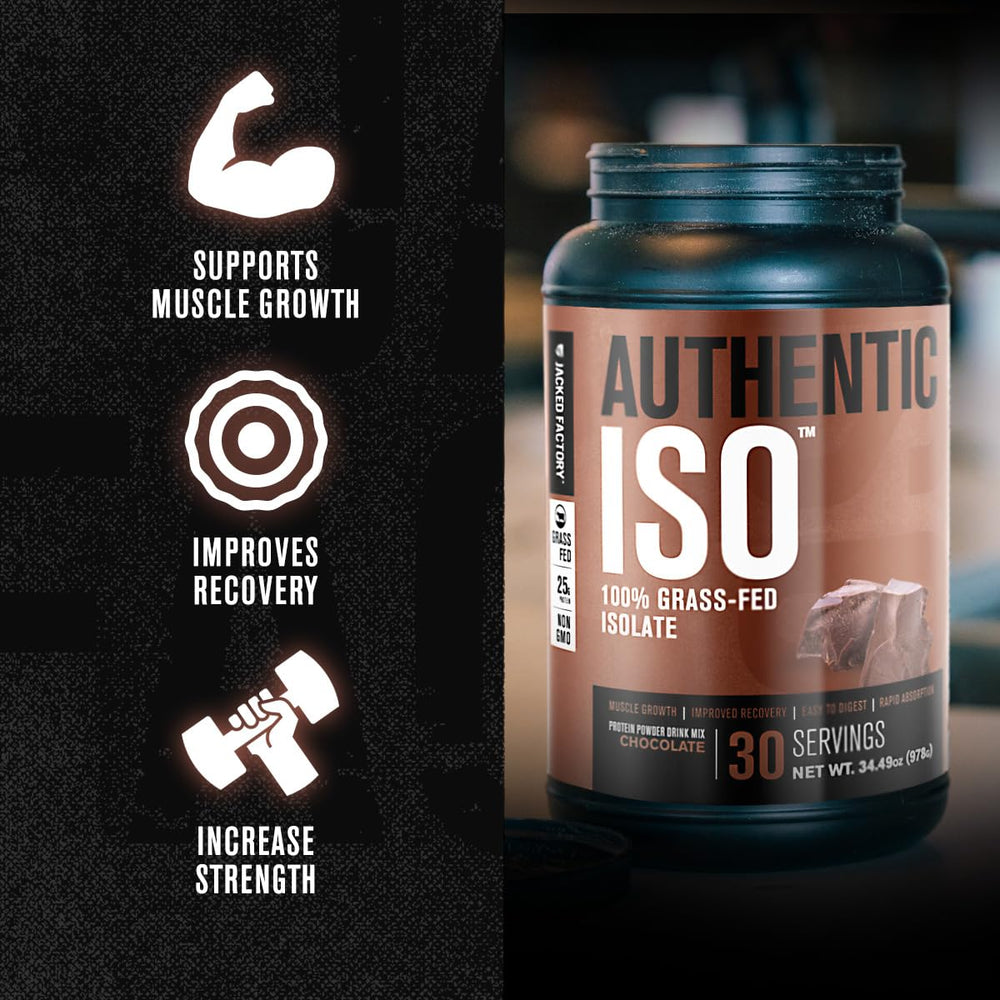 Jacked Factory Authentic ISO whey bottle side view highlighting ingredients and non-GMO claim