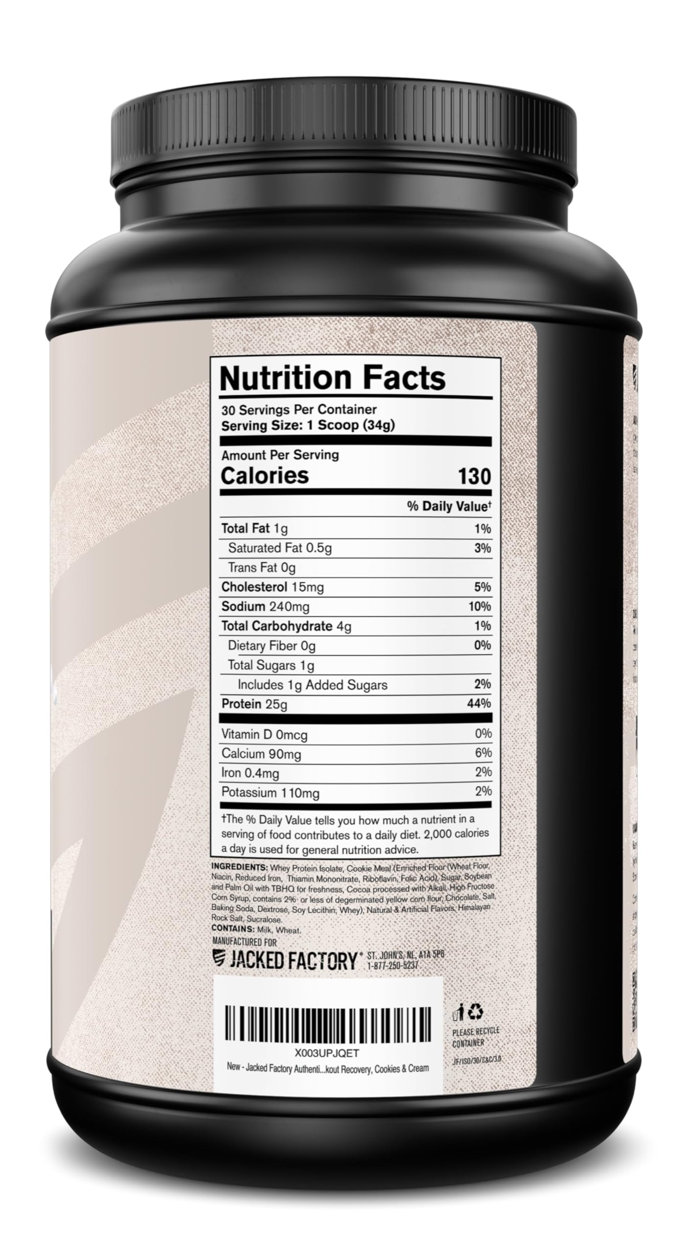 Jacked Factory Authentic ISO Whey Cookies & Cream post workout routine shake ready.