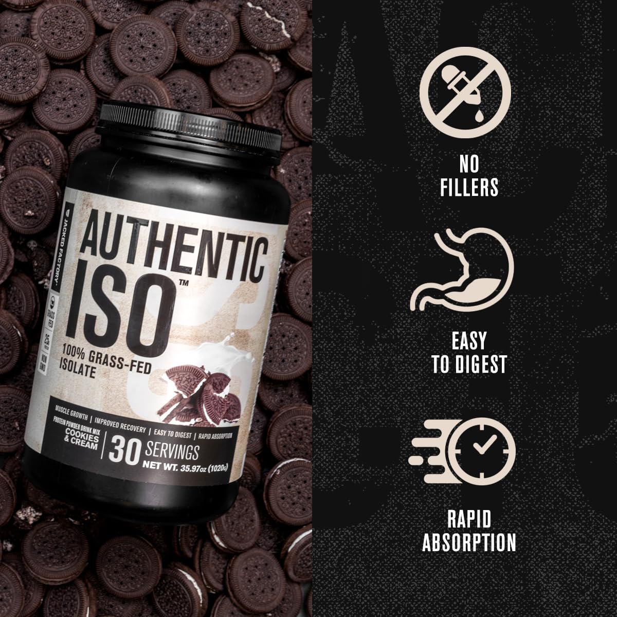 Jacked Factory Authentic ISO Whey Cookies & Cream powder being poured for mixing.