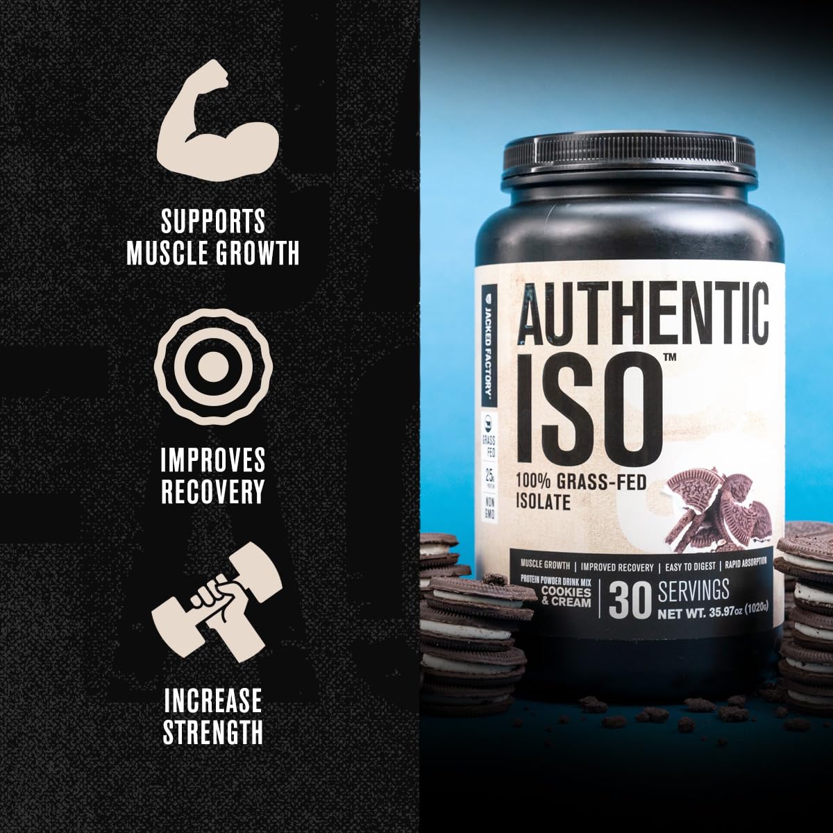 Jacked Factory Authentic ISO Whey Cookies & Cream scoop for quick post workout protein.