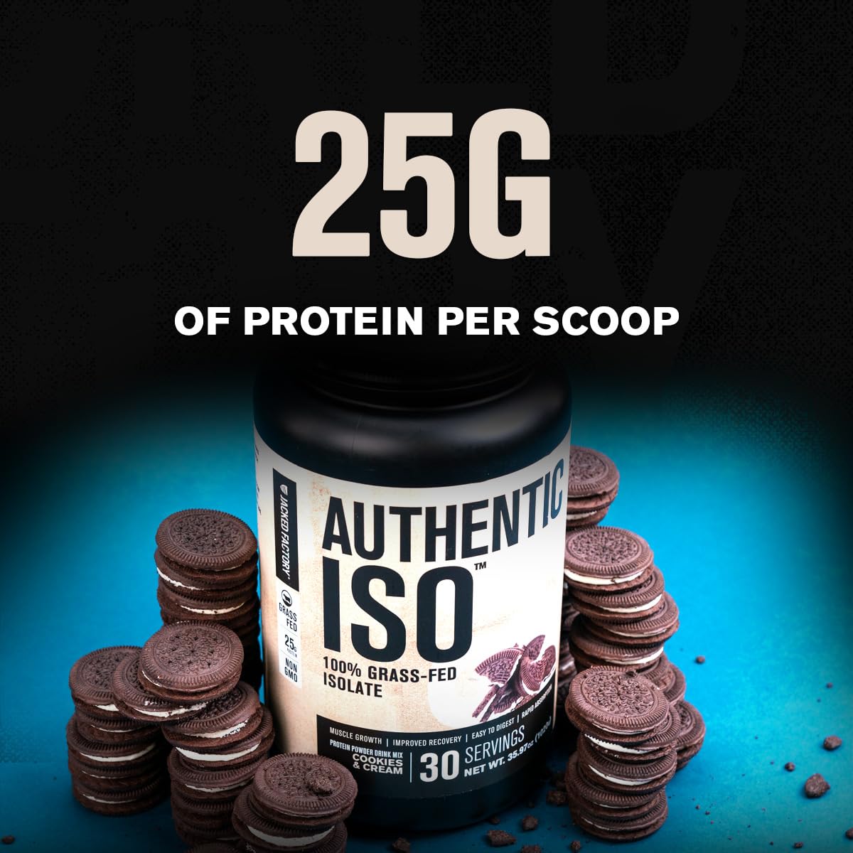 Jacked Factory Authentic ISO Whey Cookies & Cream shake in glass with creamy texture.