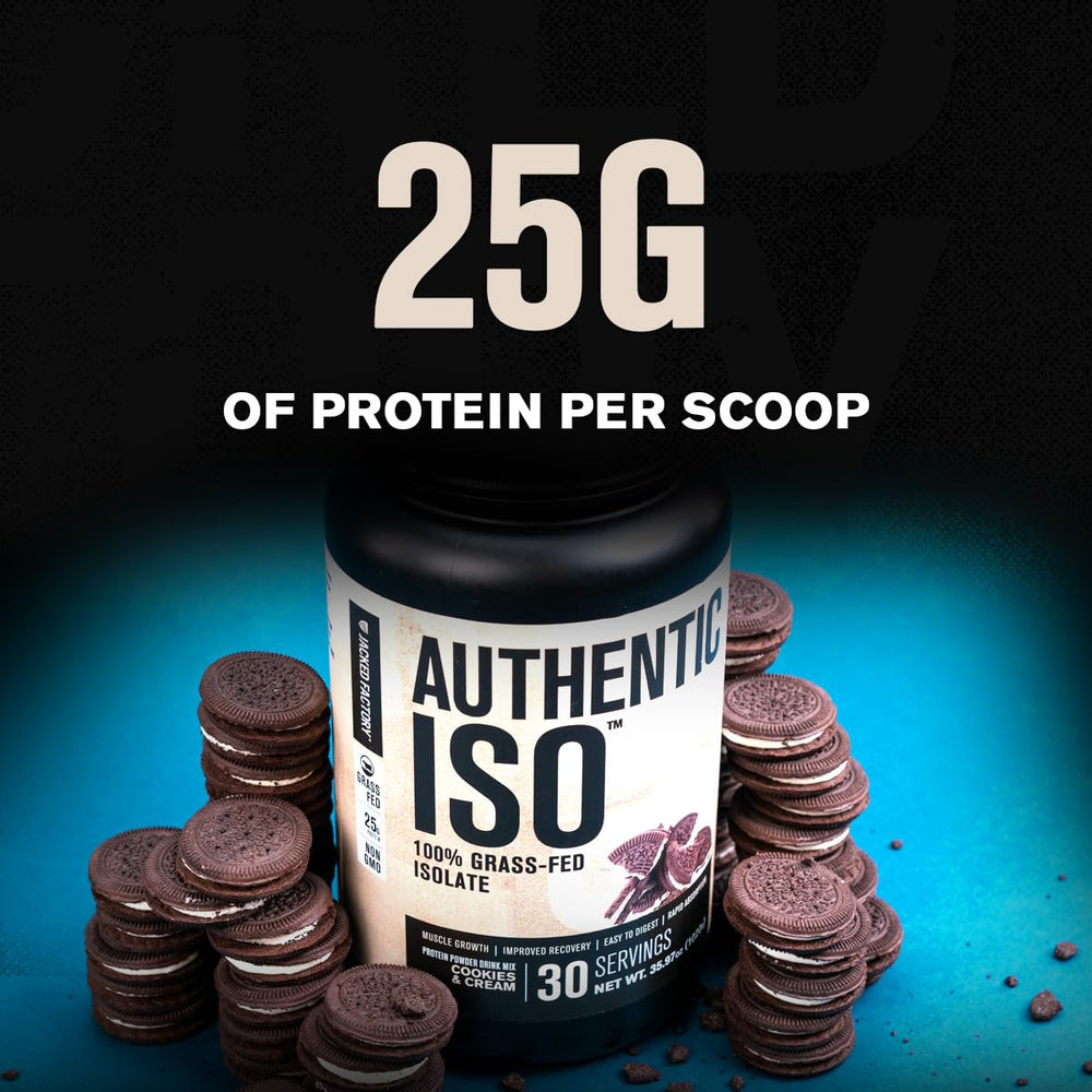 Jacked Factory Authentic ISO Whey Cookies & Cream shake in glass with creamy texture.