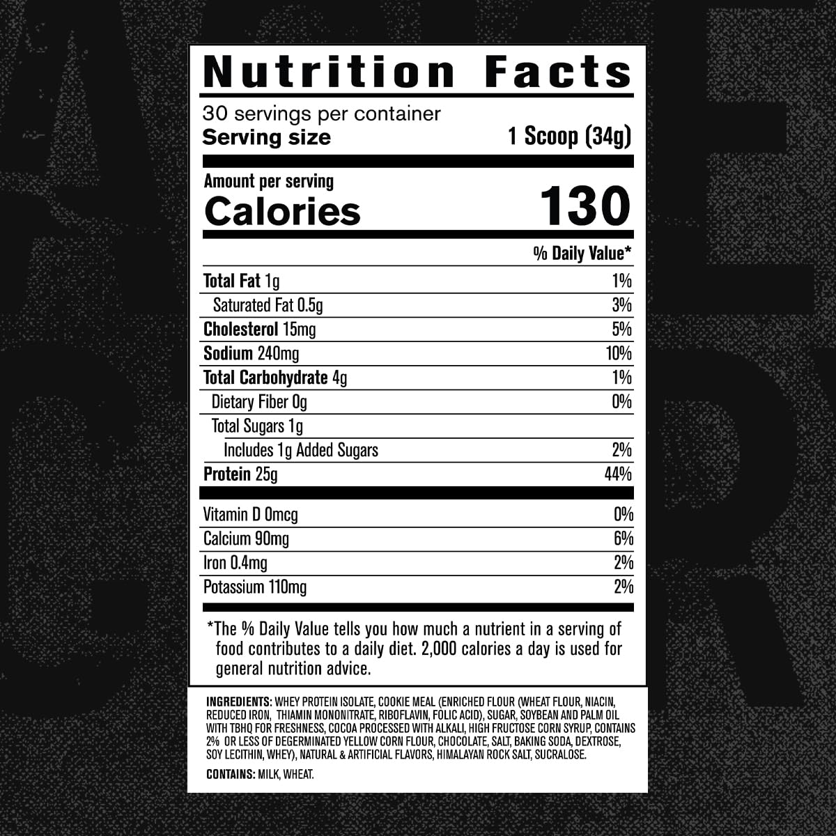 Jacked Factory Authentic ISO Whey Cookies & Cream tub label close up with nutrition details.