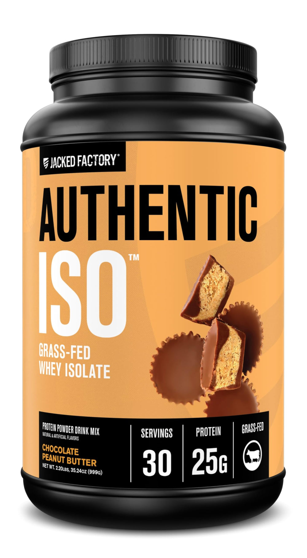 Jacked Factory Authentic ISO whey label close-up shows purity and ingredients.