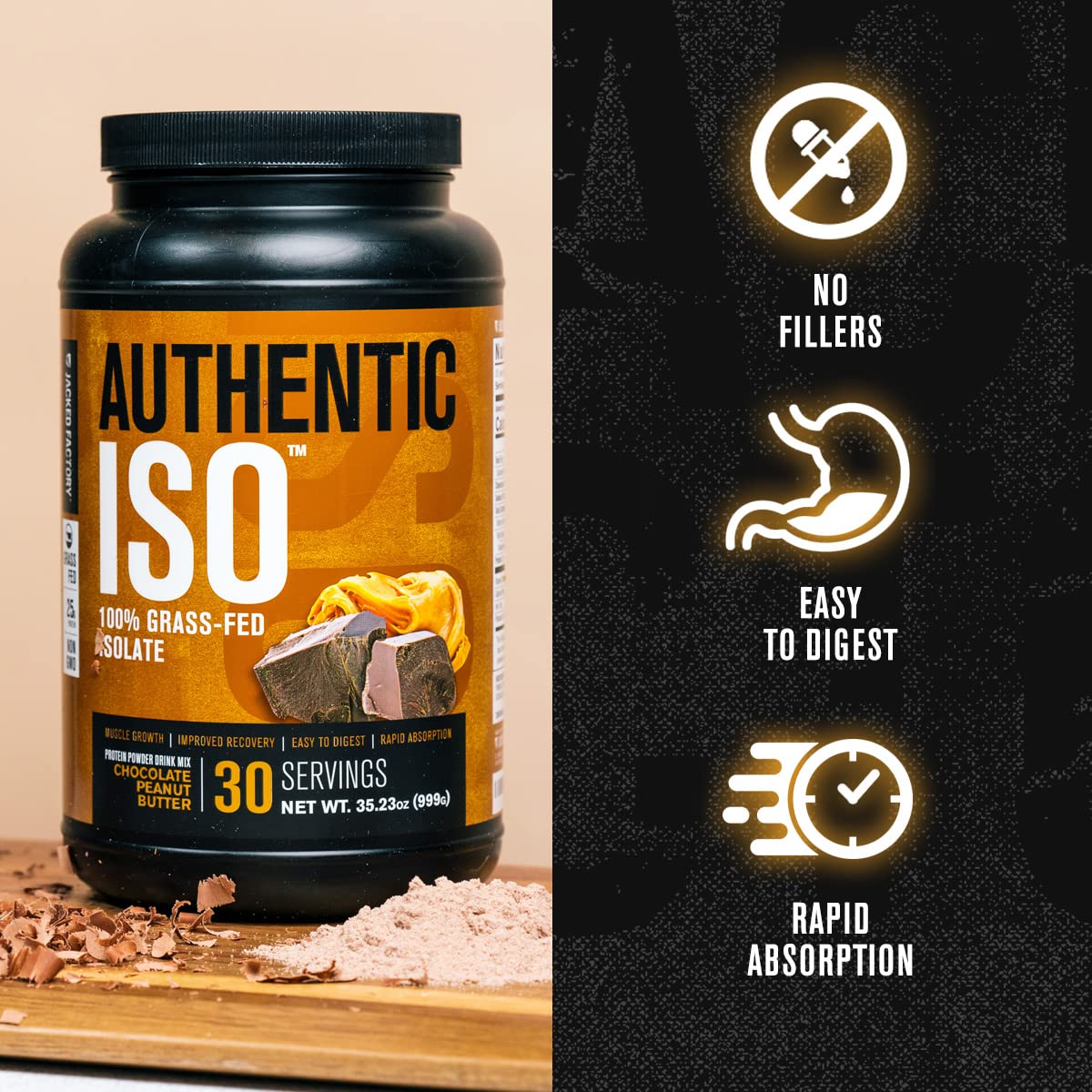 Jacked Factory Authentic ISO whey packaging on shelf highlights non-GMO and clean formula.