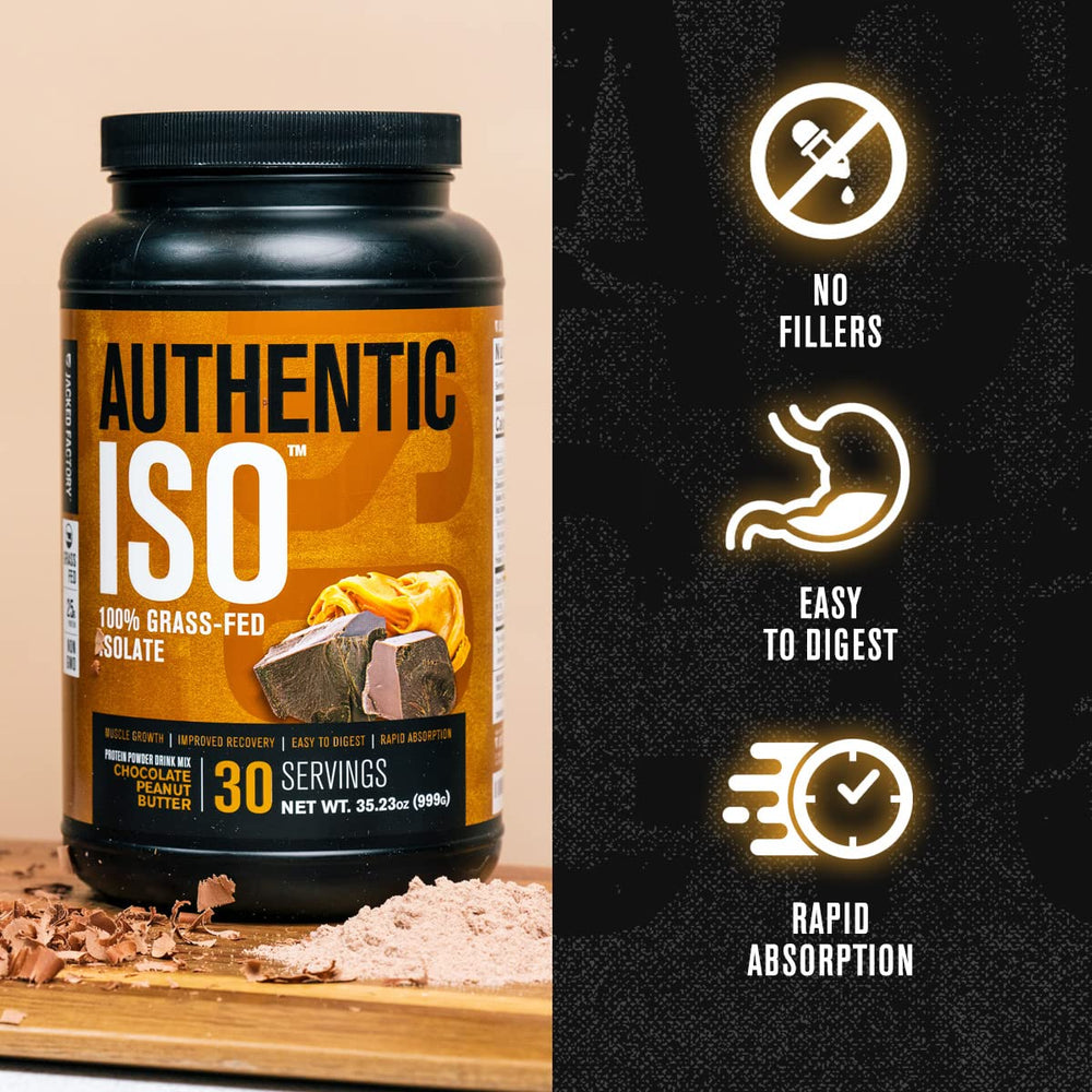 Jacked Factory Authentic ISO whey packaging on shelf highlights non-GMO and clean formula.