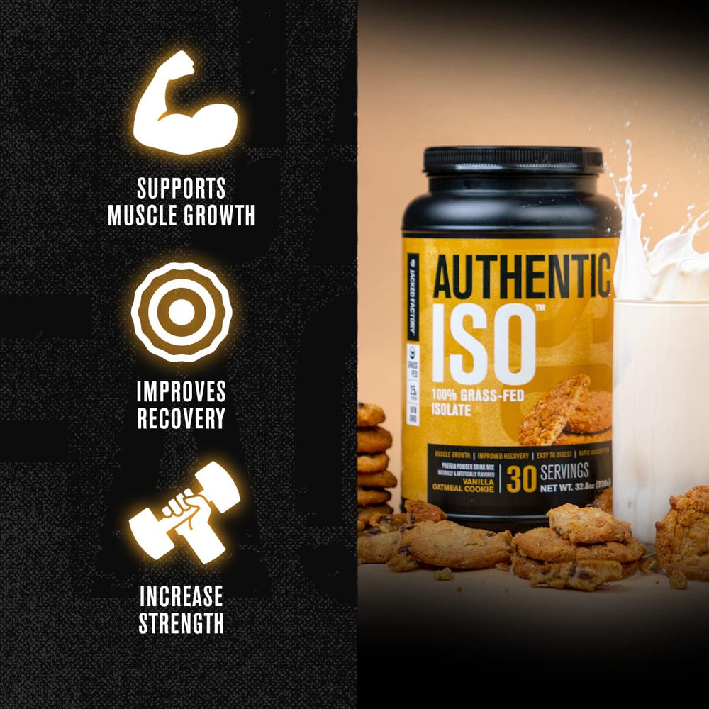 Jacked Factory Authentic ISO whey protein scoop beside bottle, highlighting 25 g protein per serving