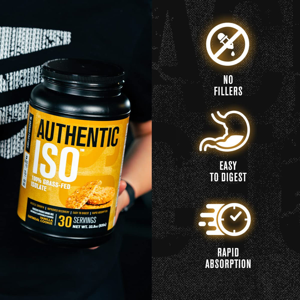 Nutrition panel close-up showing low sugar and fat with Authentic ISO whey