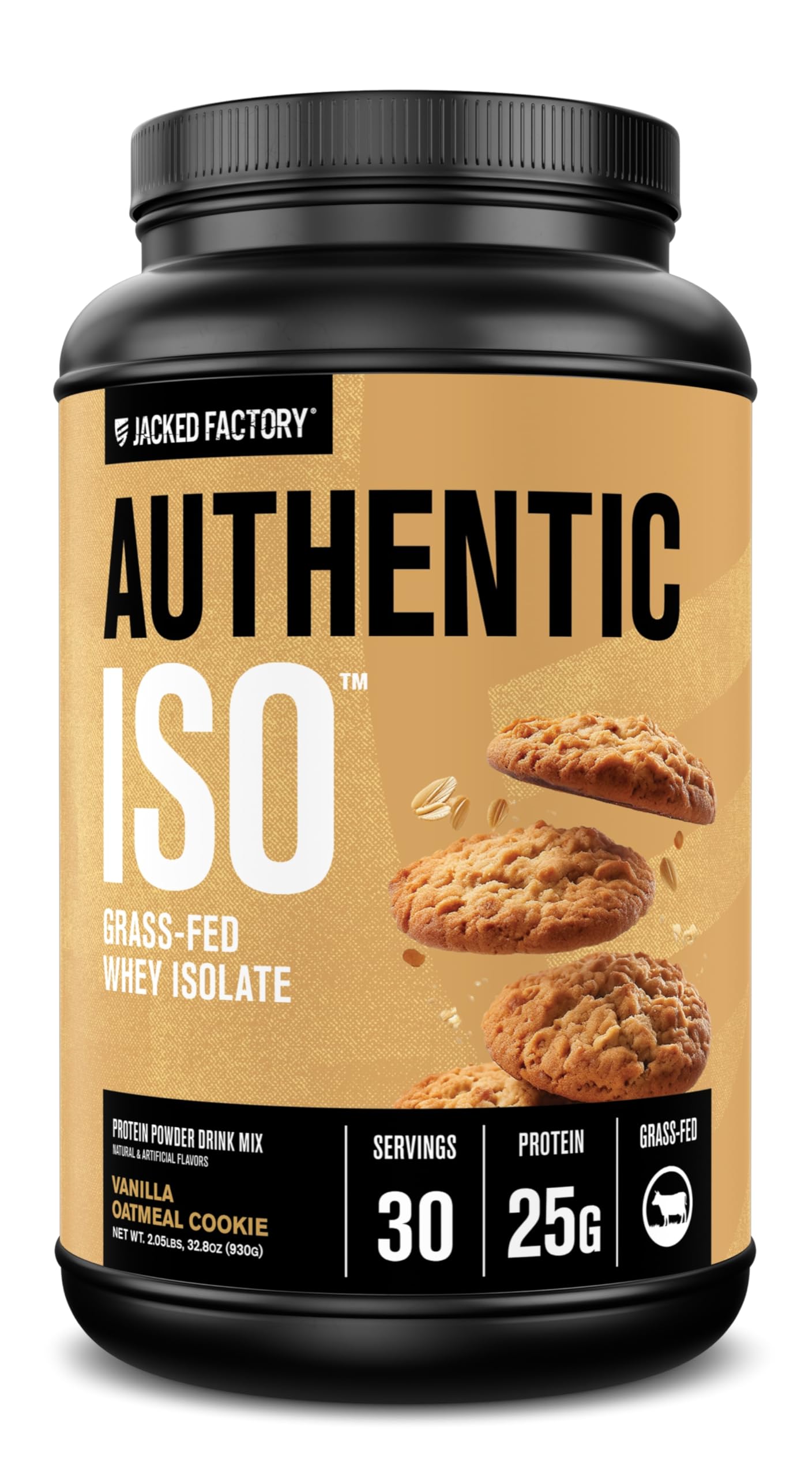 Jacked Factory Authentic ISO whey protein bottle in vanilla oatmeal cookie flavor, ready for recovery post-workout