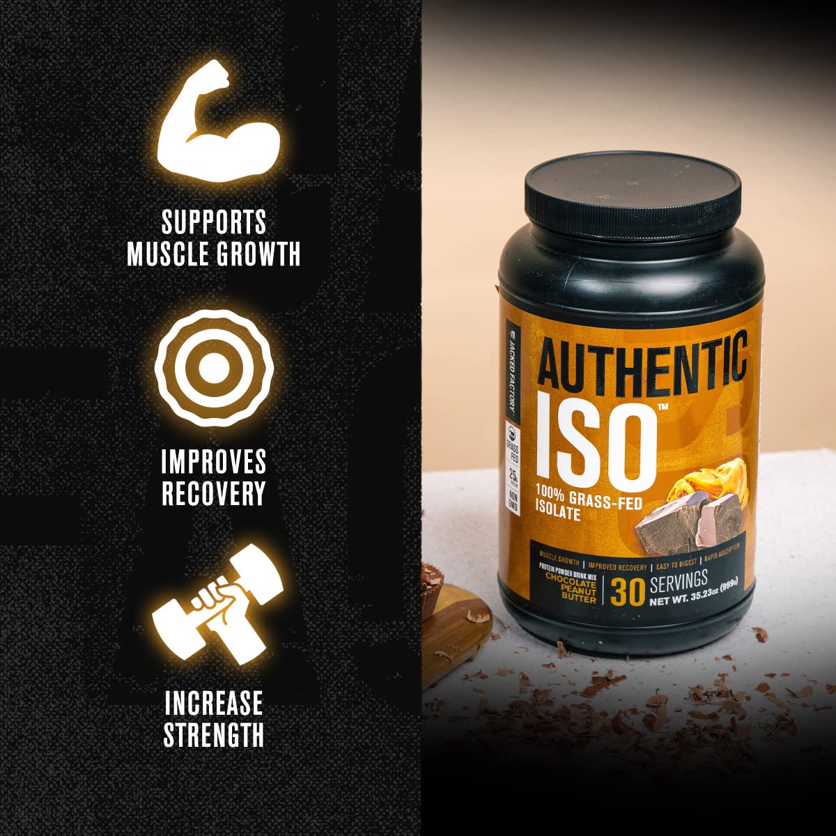 Scoop of Authentic ISO being poured into a shaker for post-workout recovery.