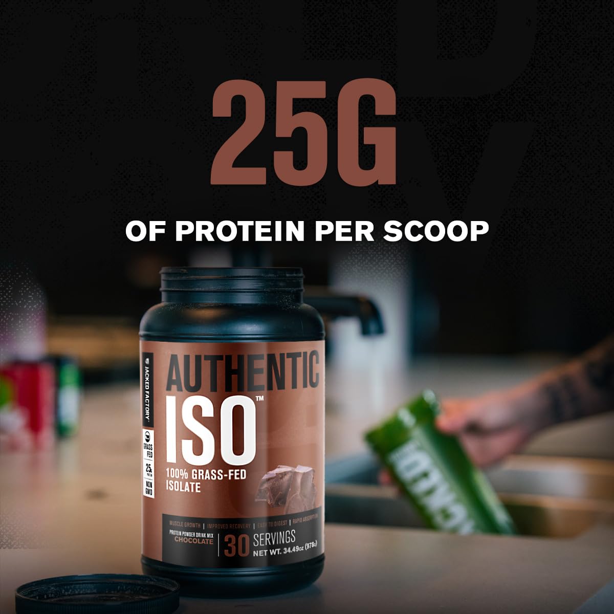 Scoop of Authentic ISO whey powder ready for measuring a serving