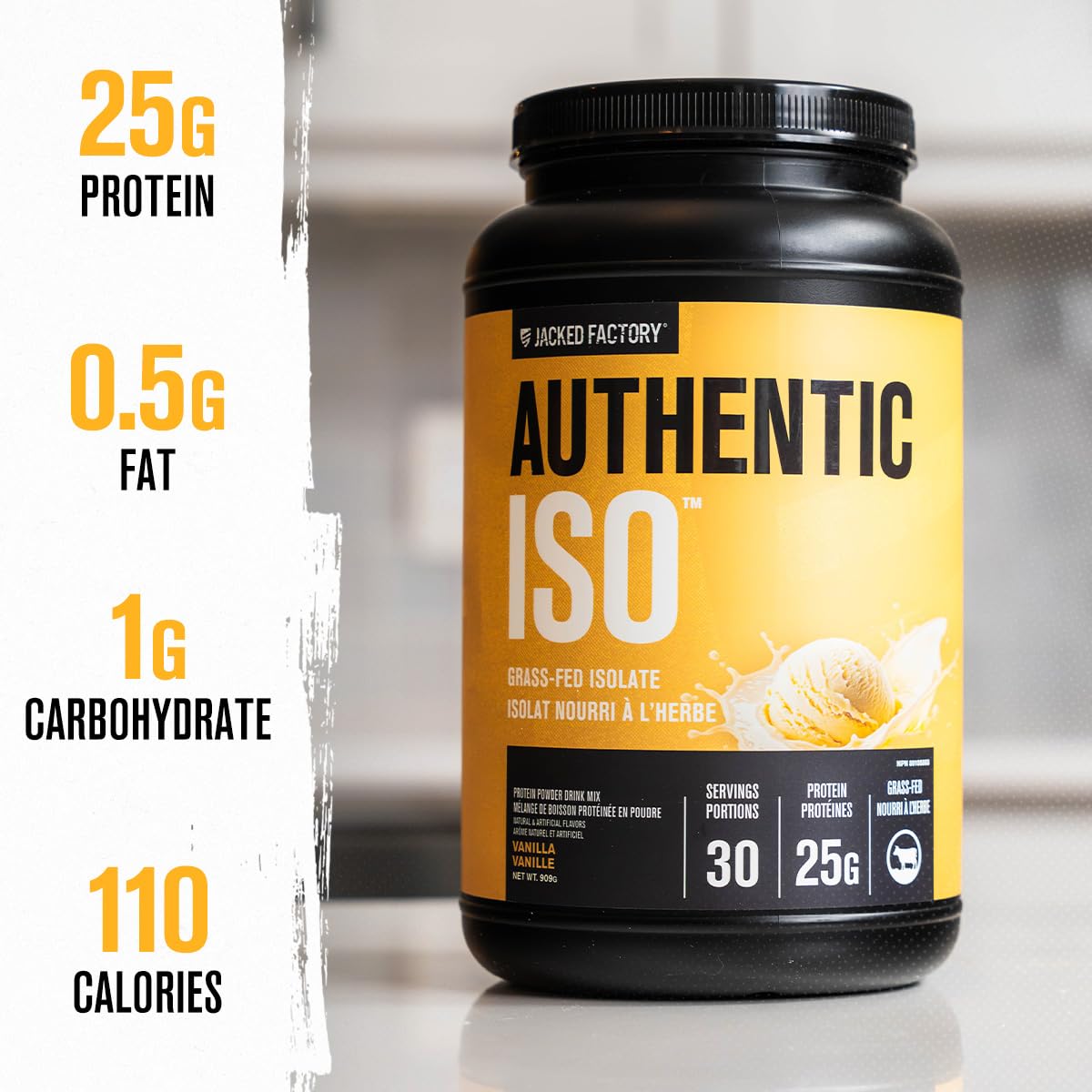 Jacked Factory Authentic ISO Whey Vanilla glass jar on counter