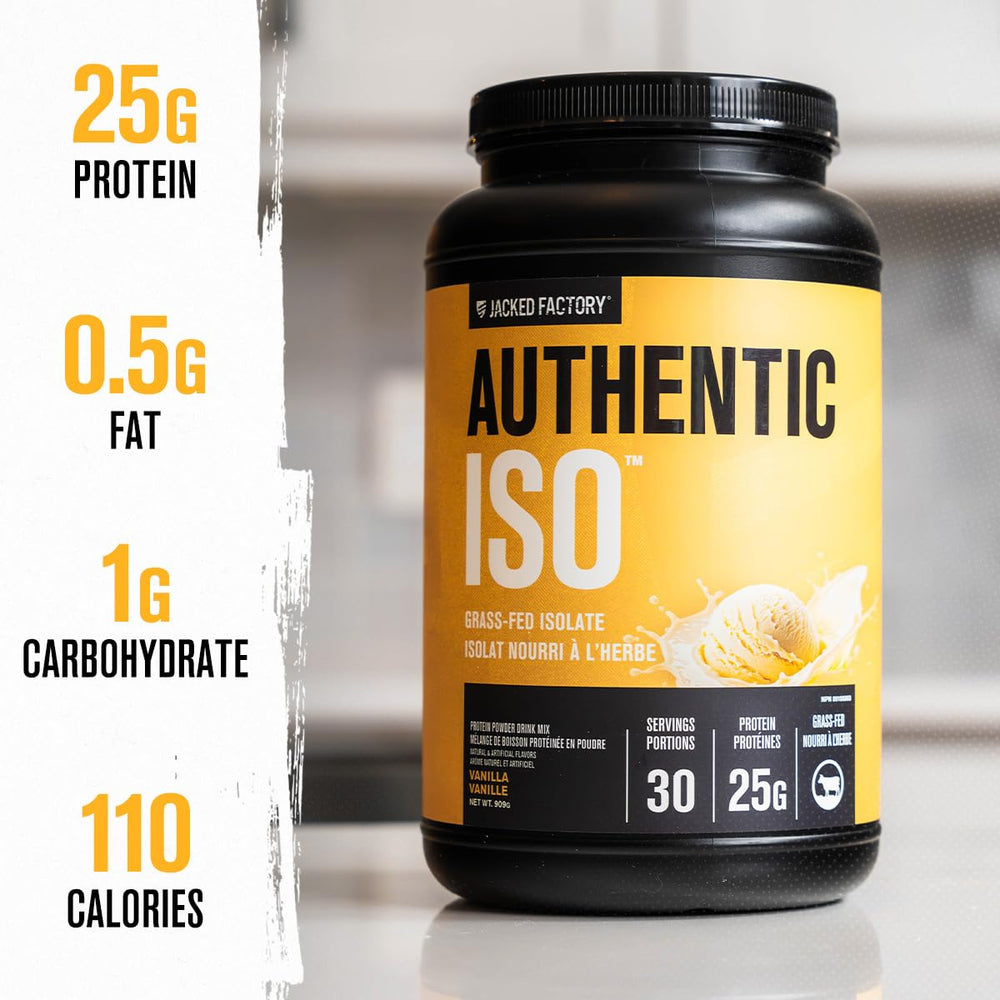 Jacked Factory Authentic ISO Whey Vanilla glass jar on counter