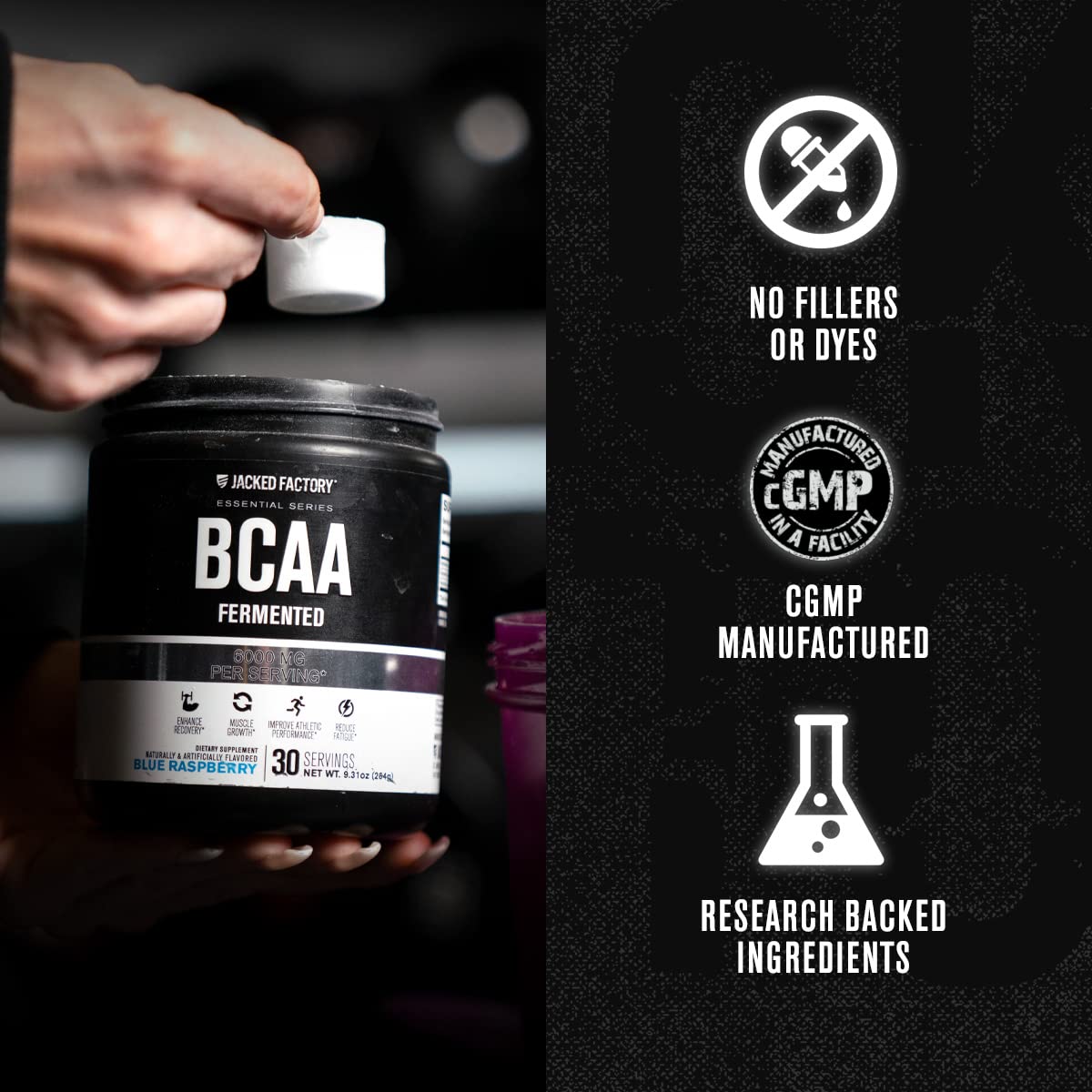 Jacked Factory BCAA fruit punch flavor in glass offers refreshing taste.