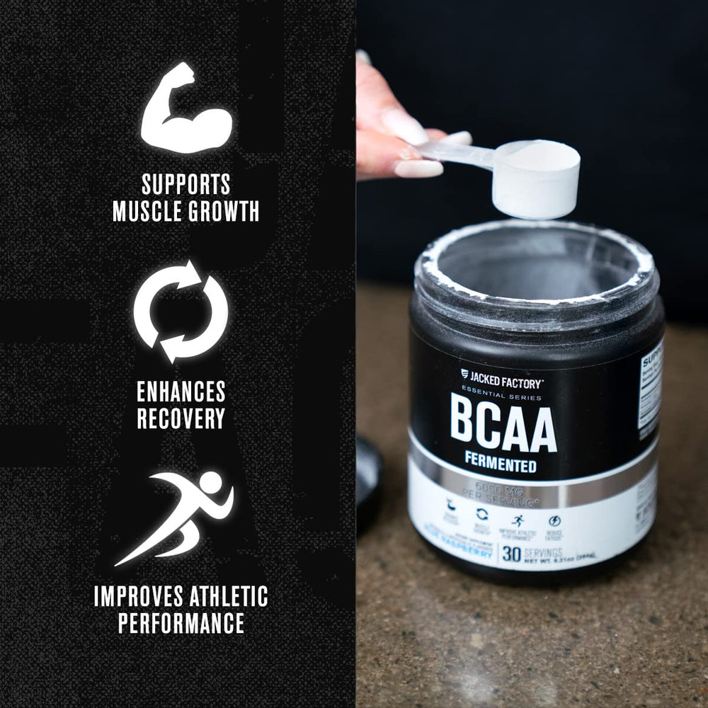 Jacked Factory BCAA fermentation label highlights 2:1:1 ratio.