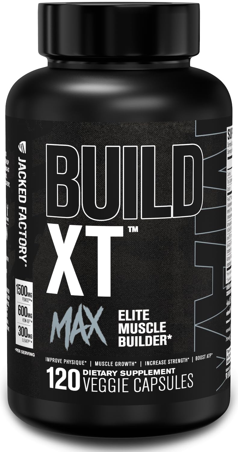 Jacked Factory Build-XT Max bottle front view for intense workouts and muscle support.