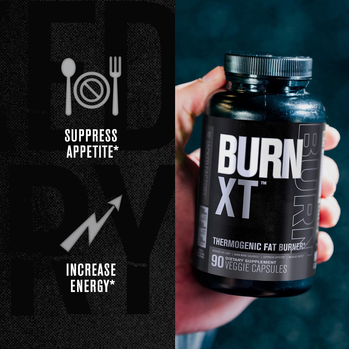 Packaging box of Burn-XT Black highlighting ingredients and quality.