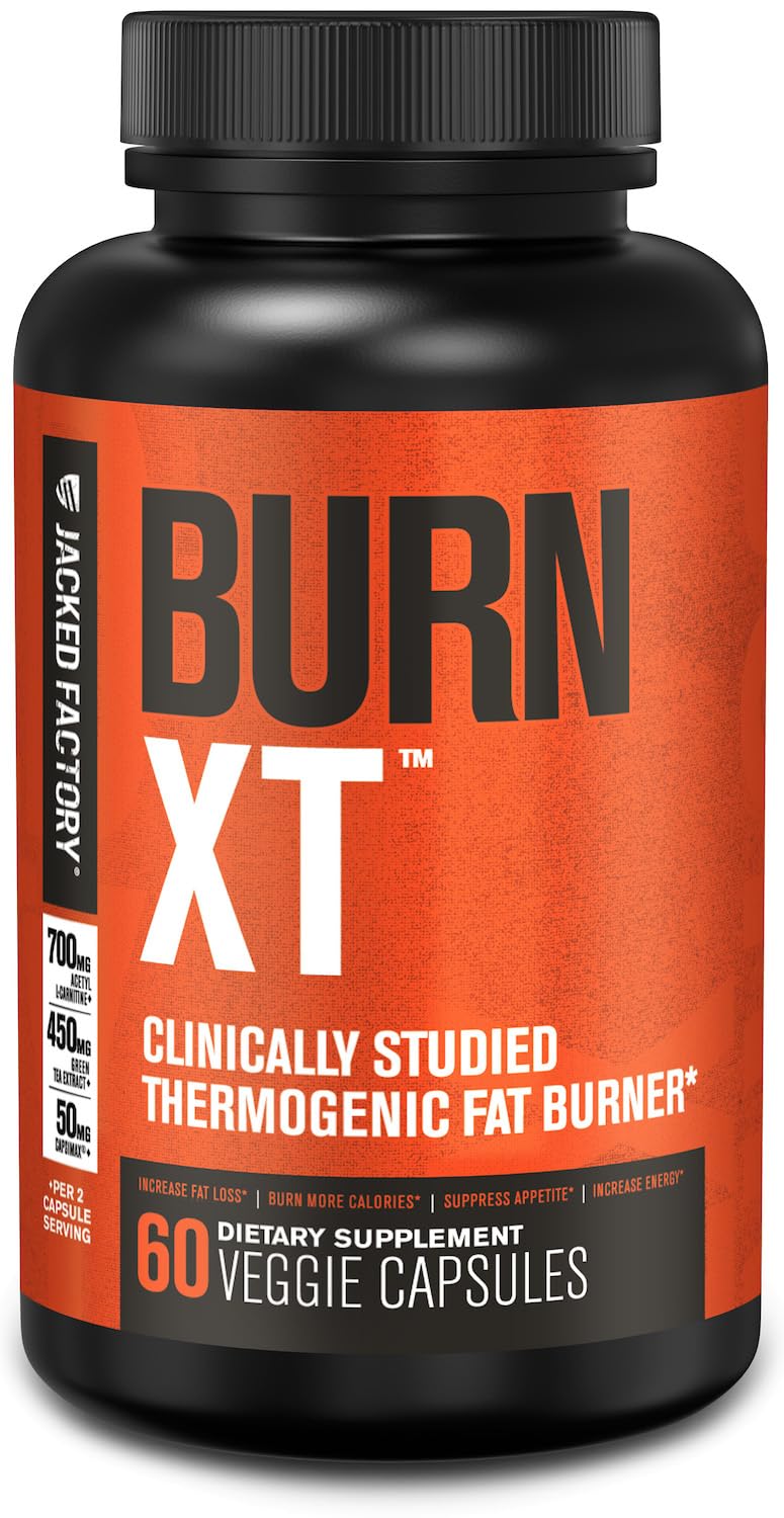 Jacked Factory Burn-XT bottle front view, metabolism-boosting support for workouts.