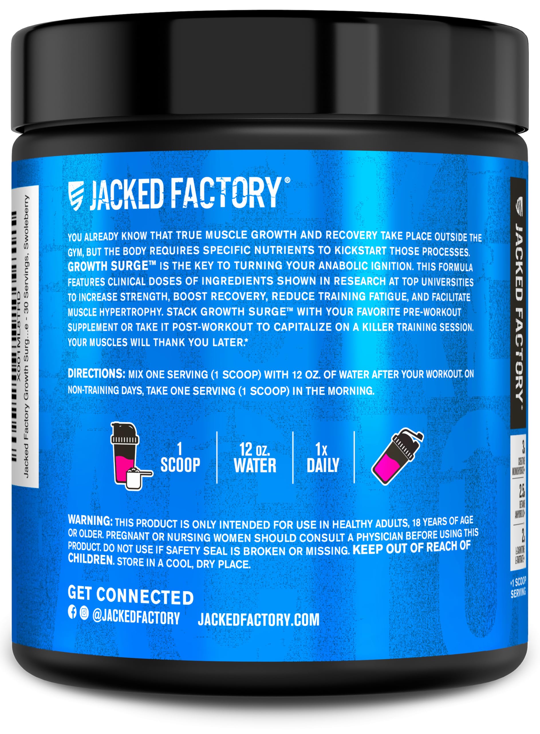 Jacked Factory Growth Surge manufactured in a cGMP facility for quality control.