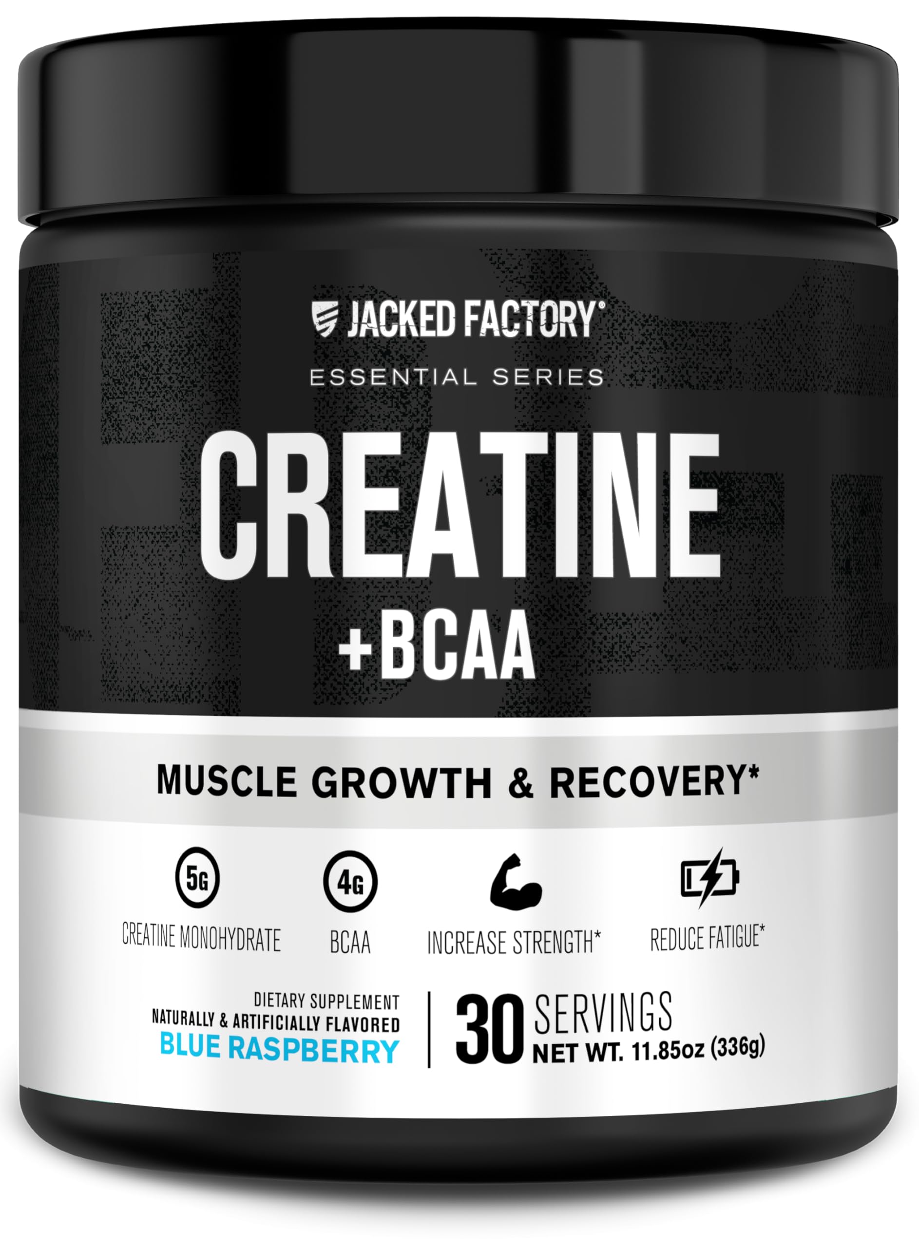 Jacked Factory Creatine + BCAAs blue raspberry bottle supports post-workout recovery potential