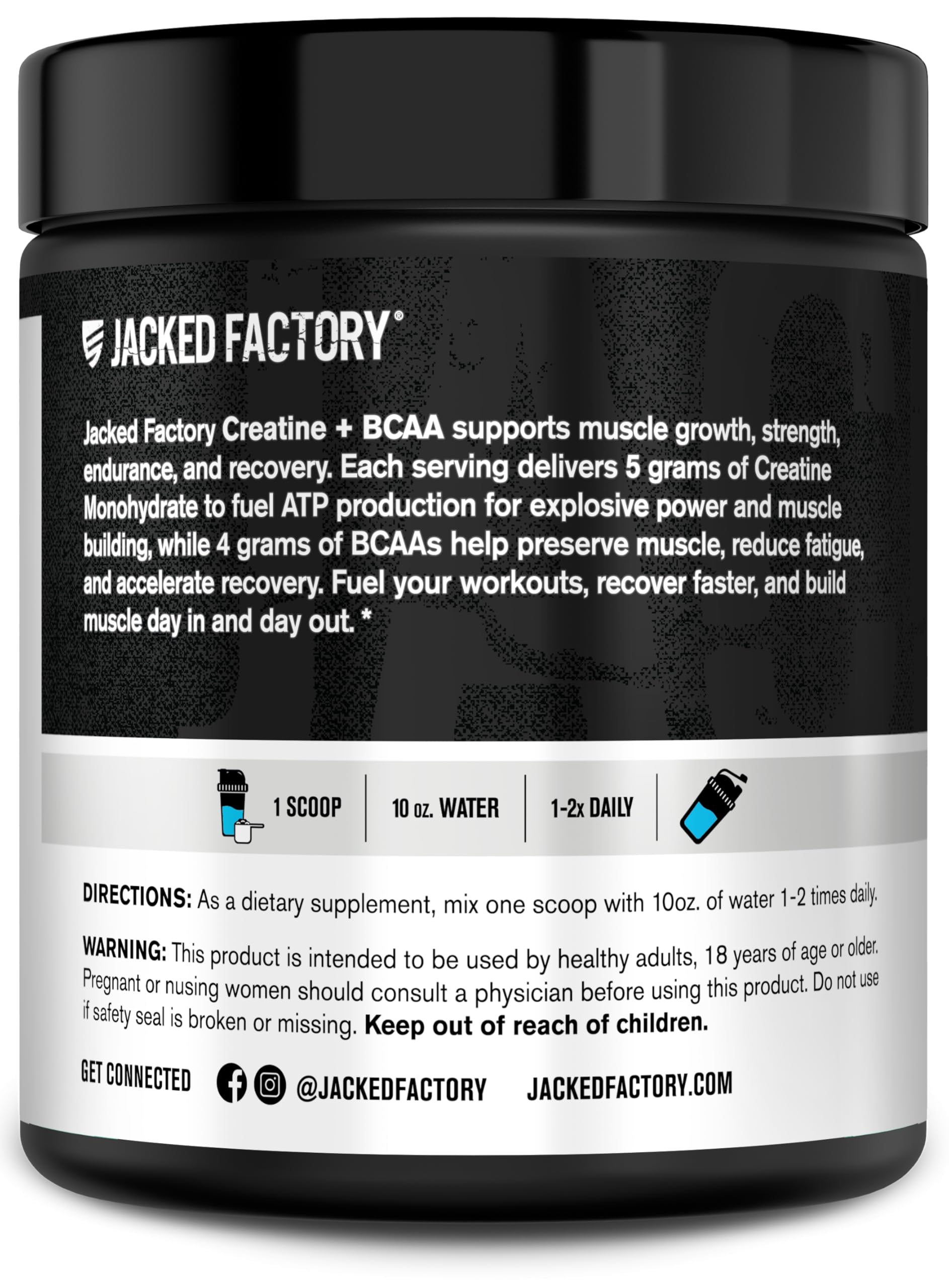 Jacked Factory Creatine + BCAAs label closeup emphasizes quality ingredients