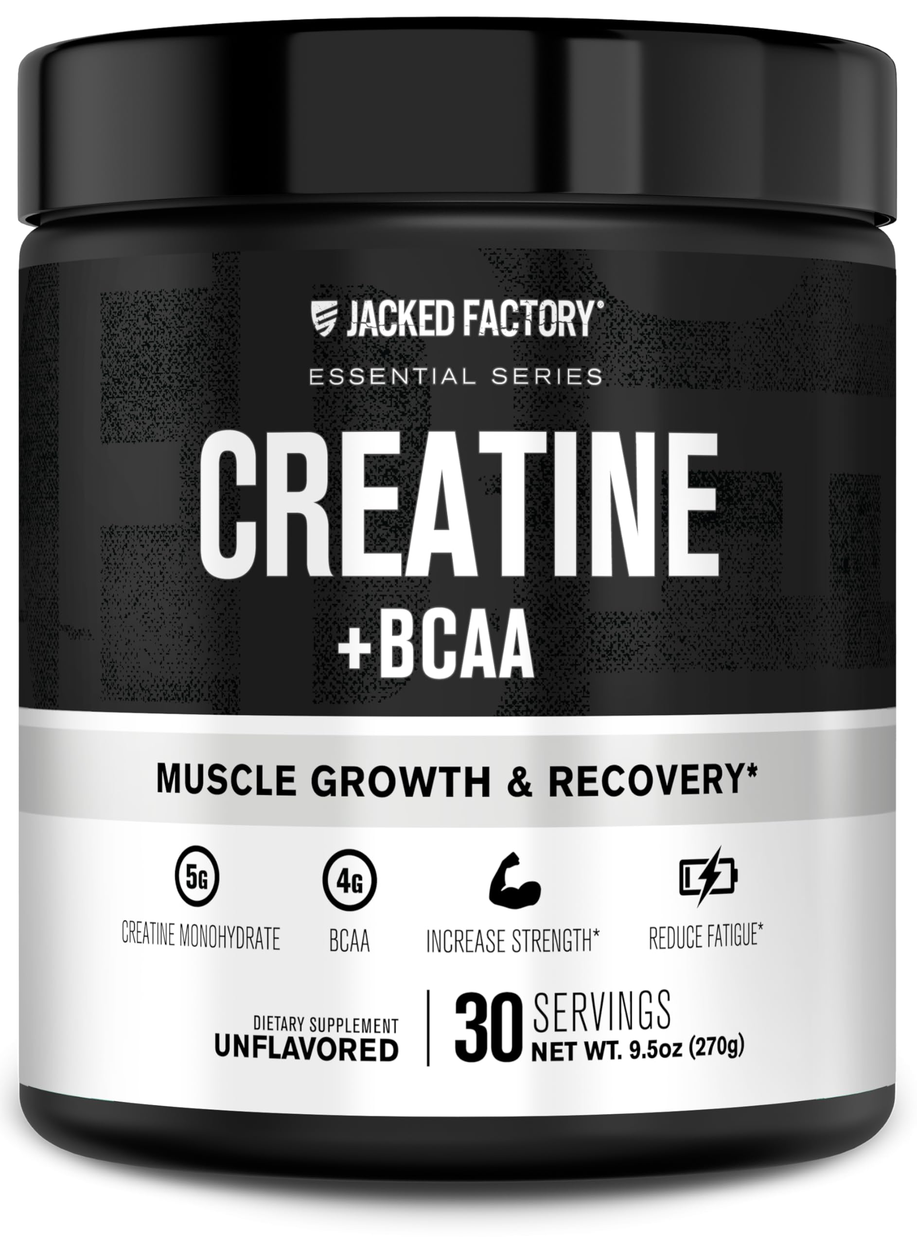 Jacked Factory Creatine + BCAAs label front, showing a clean formula for post-workout recovery