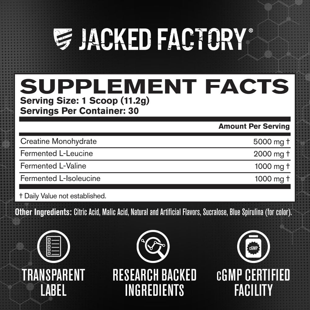 Jacked Factory Creatine + BCAAs powder in glass shows mixability