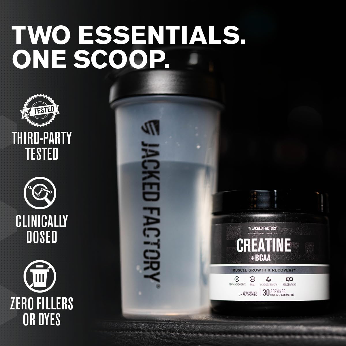 Jacked Factory Creatine + BCAAs scoop beside tub highlighting serving size