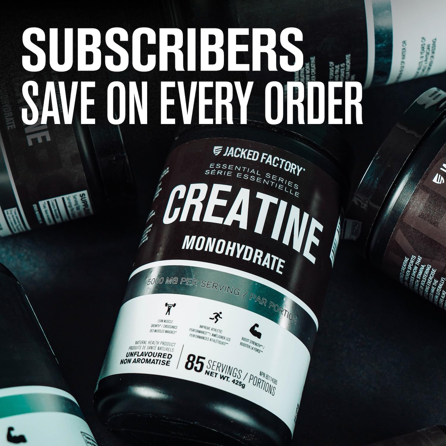 5 g dose shown with Jacked Factory tub of creatine monohydrate.