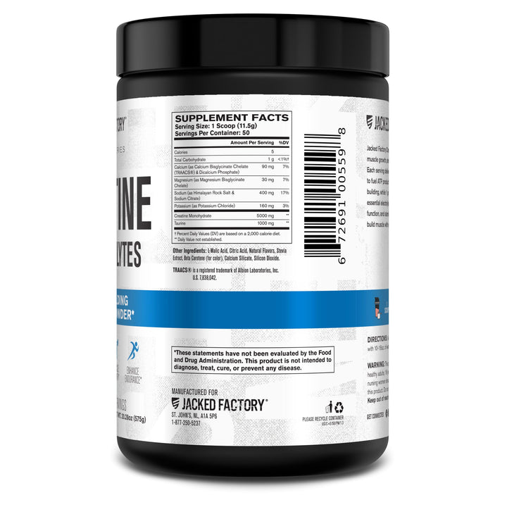 Jacked Factory Creatine Electrolytes bottle with peach mango flavor.