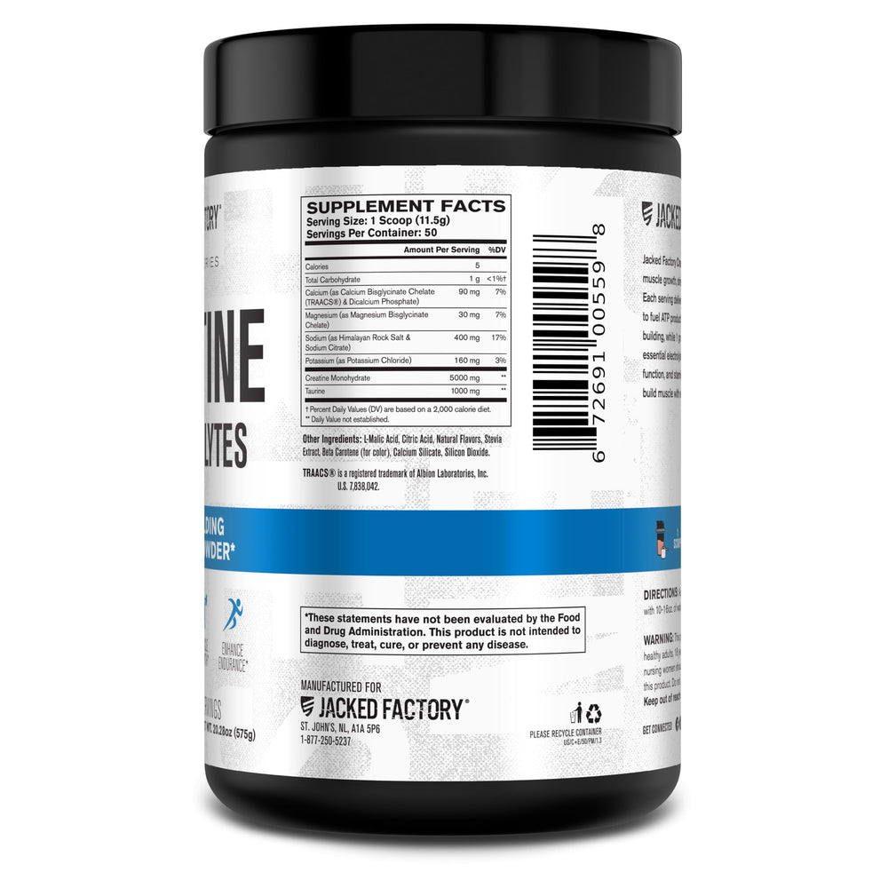 Jacked Factory Creatine Electrolytes bottle with peach mango flavor.